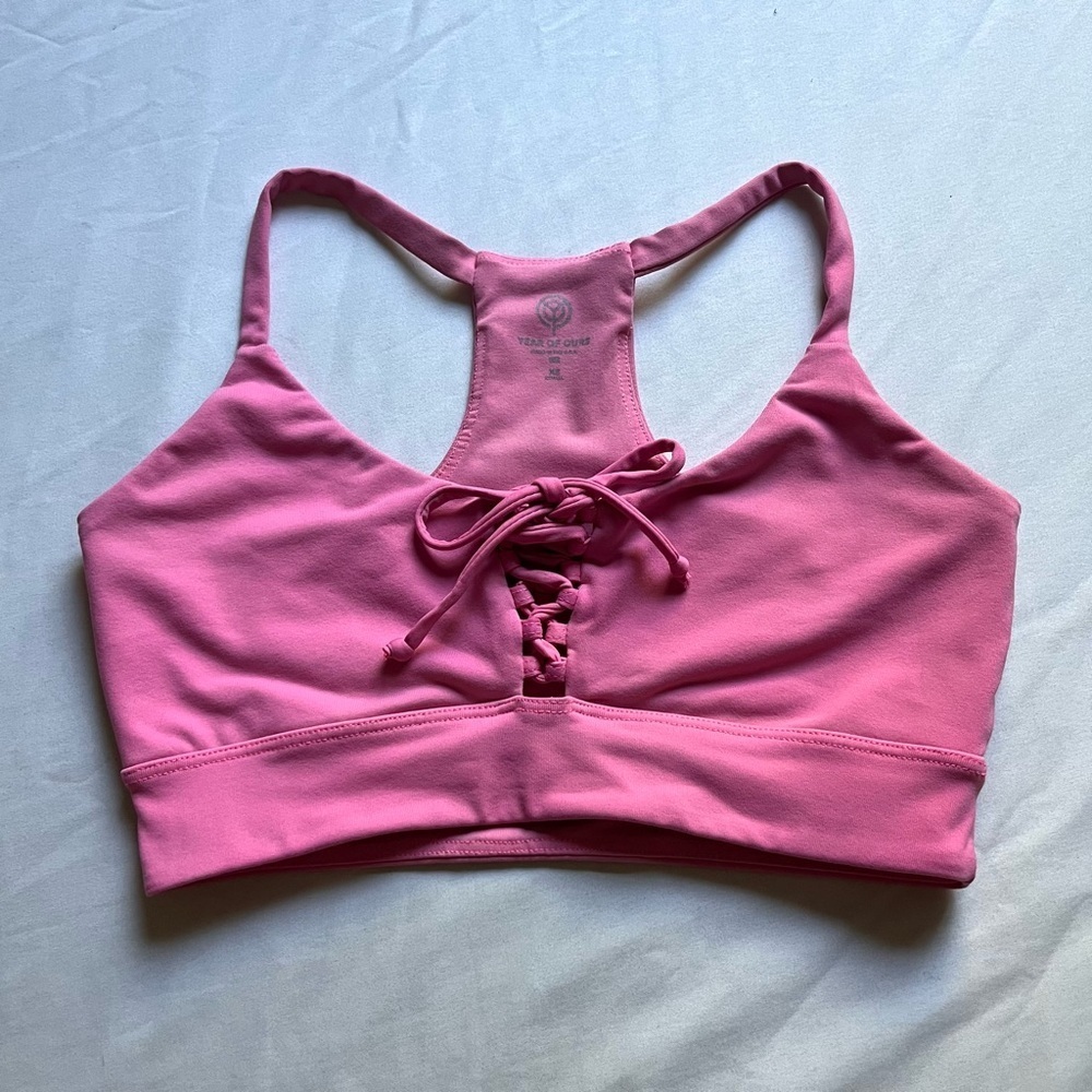 YEAR OF OURS pink athletic cropped lace up sports bra tank top
